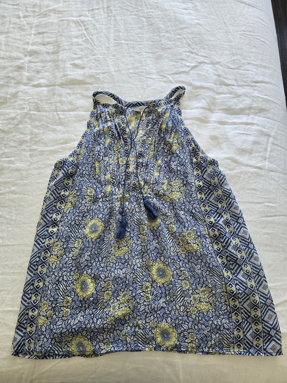 Joie Blue and Yellow Floral Silk Halter Tank with Tassel Tie